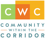 CWC logo with "Community Within The Corridor" in colored blocks and blue text below.