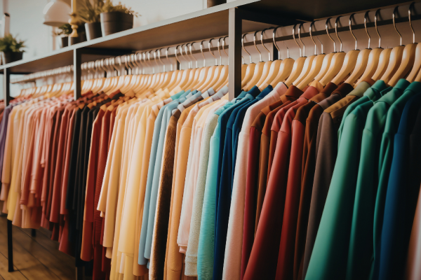 Colorful clothes neatly hung on wooden hangers in a store, arranged by shade from warm to cool tones.